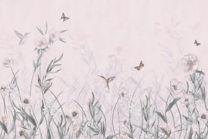 Fototapeta: Kwiecista łąka z kolibrami i motylami akwarelowy wzór