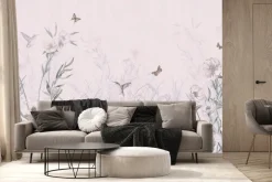 Fototapeta: Kwiecista łąka z kolibrami i motylami akwarelowy wzór