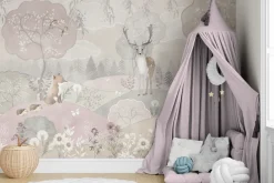 Fototapeta: Kwieciste wzgórza z jeleniem i drzewami