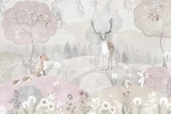 Fototapeta: Kwieciste wzgórza z jeleniem i drzewami