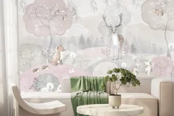 Fototapeta: Kwieciste wzgórza z jeleniem i drzewami