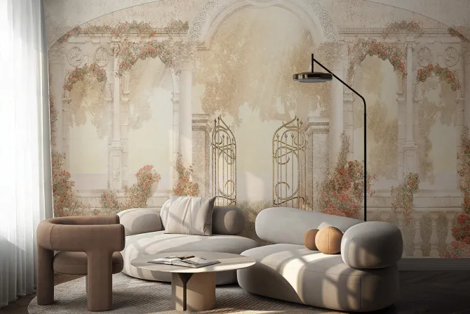 Fototapeta: Kwiecisty ogród wśród zabytkowej architektury