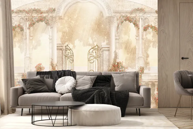 Fototapeta: Kwiecisty ogród wśród zabytkowej architektury