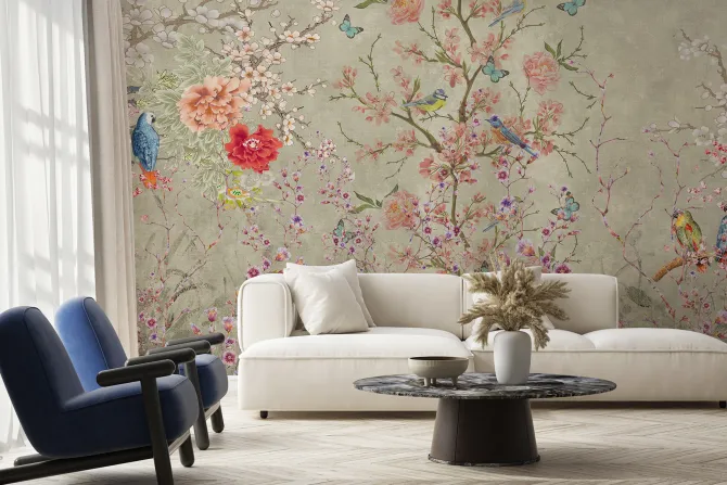 Fototapeta: Kwitnące drzewa kolorowe kwiaty i papugi na gałęziach