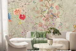 Fototapeta: Kwitnące drzewa kolorowe kwiaty i papugi na gałęziach