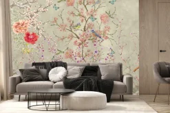 Fototapeta: Kwitnące drzewa kolorowe kwiaty i papugi na gałęziach