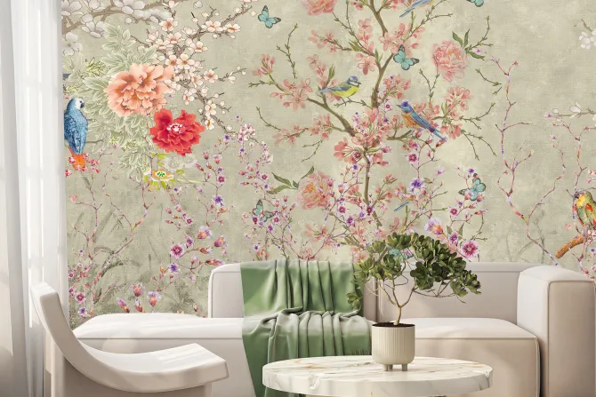 Fototapeta: Kwitnące drzewa kolorowe kwiaty i papugi na gałęziach