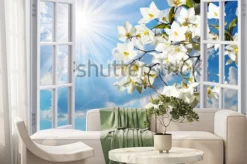 Fototapeta: Kwitnące gałązki za oknem
