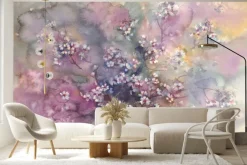 Fototapeta: Kwitnące kwiaty wiśni na akwarelowym tle