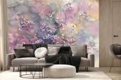 Fototapeta: Kwitnące kwiaty wiśni na akwarelowym tle