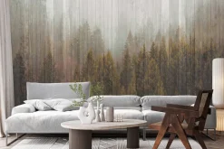 Fototapeta: Las iglasty na drewnianych deskach