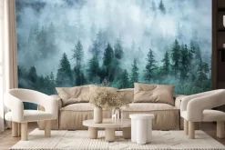 Fototapeta: Las iglasty we mgle w chłodnych odcieniach