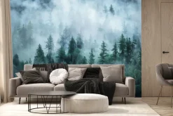 Fototapeta: Las iglasty we mgle w chłodnych odcieniach