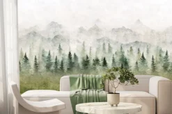 Fototapeta: Las we mgle i góry akwarela