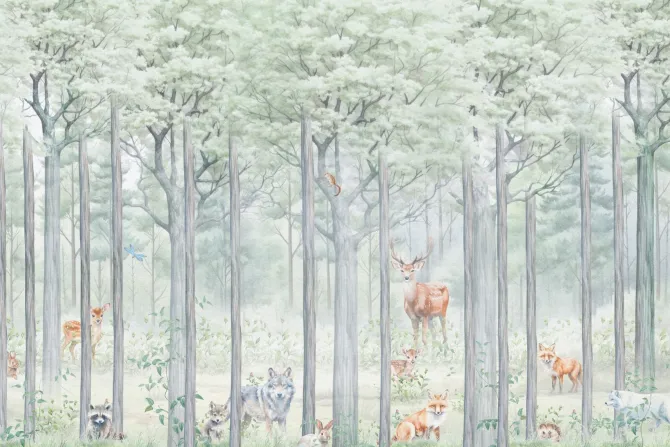 Fototapeta: Las z dzikimi zwierzętami wilk i jeleń