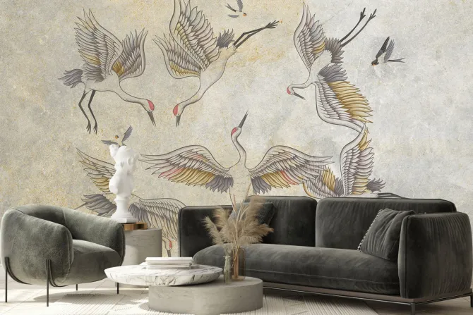 Fototapeta: Latające ptaki żurawie na betonie