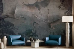 Fototapeta: Latające żurawie i tropikalne liście wzór na betonowej teksturze