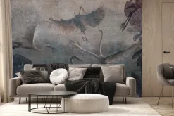 Fototapeta: Latające żurawie i tropikalne liście wzór na betonowej teksturze