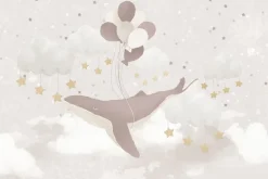 Fototapeta: Latający wieloryb z balonami wśród gwiazd i chmur