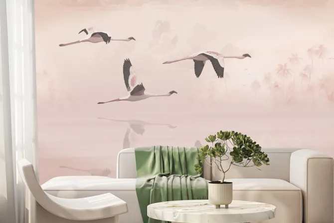 Fototapeta: Lecące ptaki na tle palm i chmur