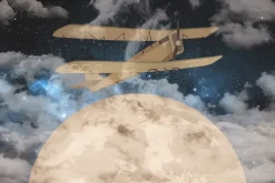 Fototapeta: Lecący samolot na tle mglistego nieba