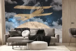 Fototapeta: Lecący samolot na tle mglistego nieba