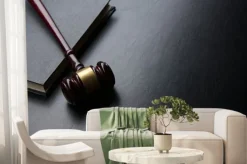 Fototapeta: Legal law and justice concept - open law book with a wooden judges