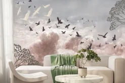 Fototapeta: Lekkie dmuchawce i ptaki na pastelowym tle nieba
