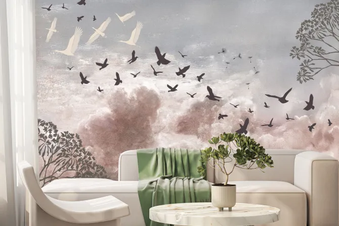 Fototapeta: Lekkie dmuchawce i ptaki na pastelowym tle nieba