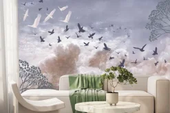 Fototapeta: Lekkie dmuchawce i ptaki na pastelowym tle nieba