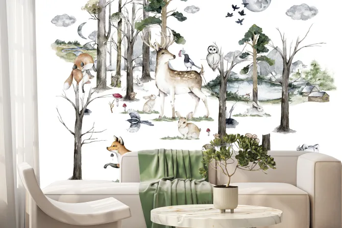 Fototapeta: Leśna sceneria z dzikimi zwierzętami