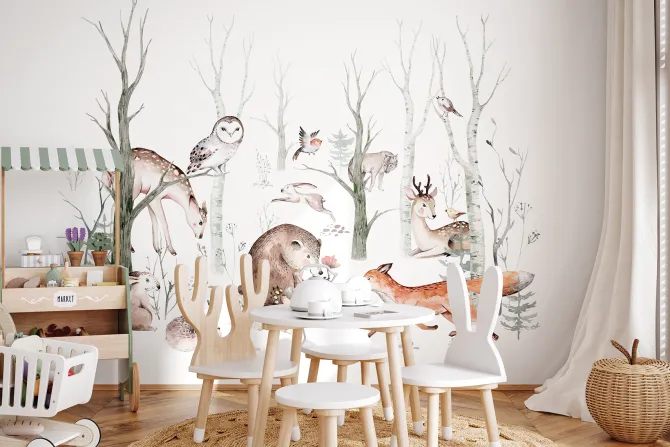 Fototapeta: Leśne zwierzęta w akwarelowym krajobrazie lasu