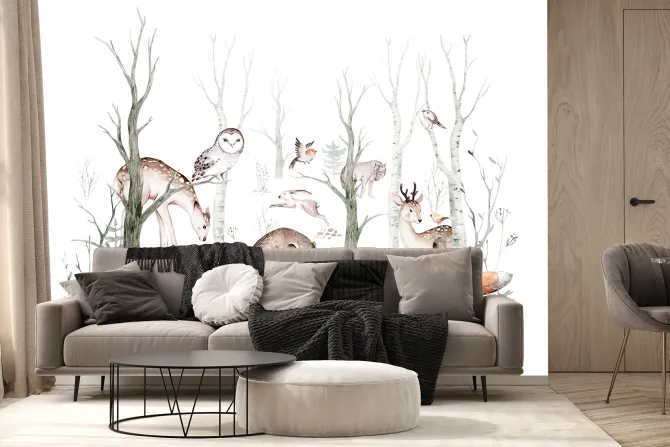 Fototapeta: Leśne zwierzęta w akwarelowym krajobrazie lasu