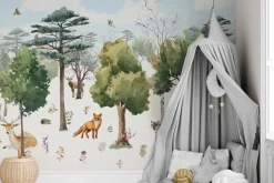 Fototapeta: Leśny krajobraz ze zwierzątkami w stylu akwareli