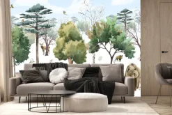 Fototapeta: Leśny krajobraz ze zwierzątkami w stylu akwareli