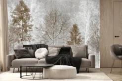 Fototapeta: Leśny motyw z wysokimi drzewami i szarym tłem