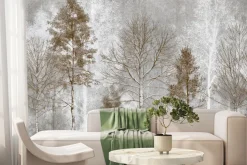 Fototapeta: Leśny motyw z wysokimi drzewami i szarym tłem