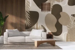 Fototapeta: Liście i geometryczne kształty beżowo brązowa kompozycja dekoracyjna