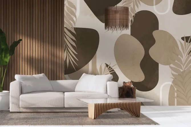 Fototapeta: Liście i geometryczne kształty beżowo brązowa kompozycja dekoracyjna