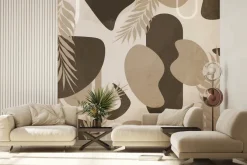 Fototapeta: Liście i geometryczne kształty beżowo brązowa kompozycja dekoracyjna