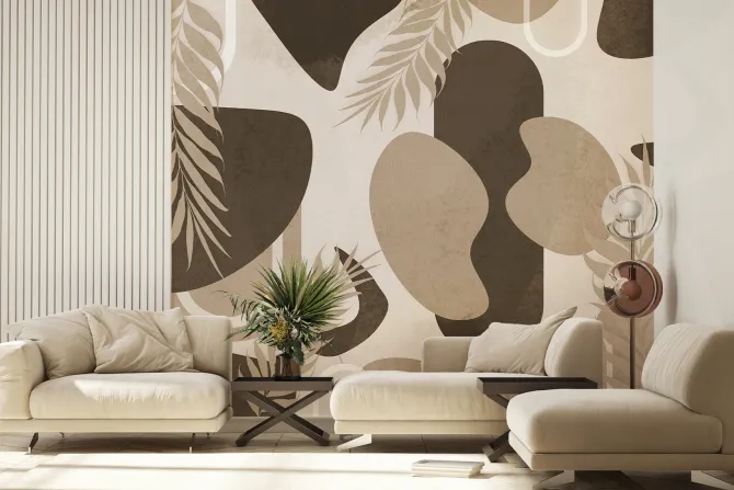 Fototapeta: Liście i geometryczne kształty beżowo brązowa kompozycja dekoracyjna
