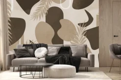 Fototapeta: Liście i geometryczne kształty beżowo brązowa kompozycja dekoracyjna