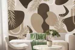 Fototapeta: Liście i geometryczne kształty beżowo brązowa kompozycja dekoracyjna