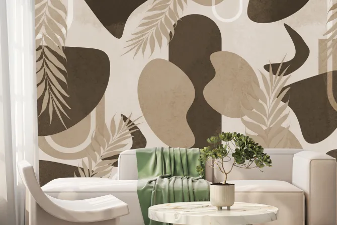 Fototapeta: Liście i geometryczne kształty beżowo brązowa kompozycja dekoracyjna