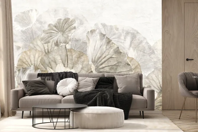 Fototapeta: Liście i kwiaty lilii malowane na murze