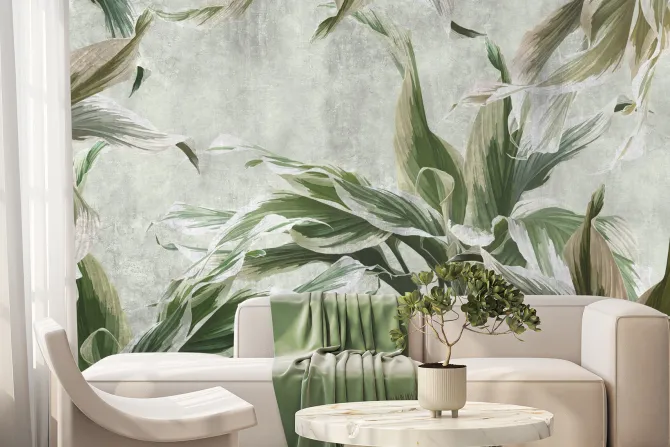 Fototapeta: Liście kwiatów na betonowej ścianie