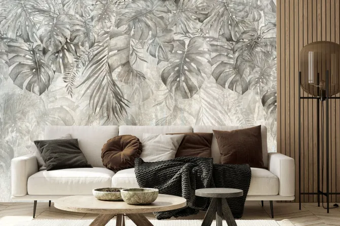 Fototapeta: Liście monstery palmy i bananowca w szarości