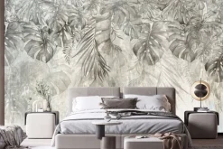 Fototapeta: Liście monstery palmy i bananowca w szarości