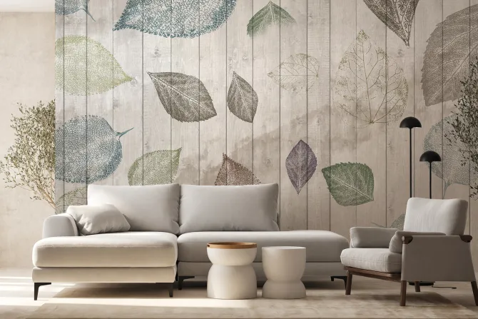 Fototapeta: Liście na drewnianym tle z desek styl rustykalny