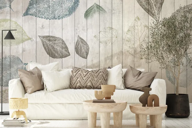 Fototapeta: Liście na drewnianym tle z desek styl rustykalny